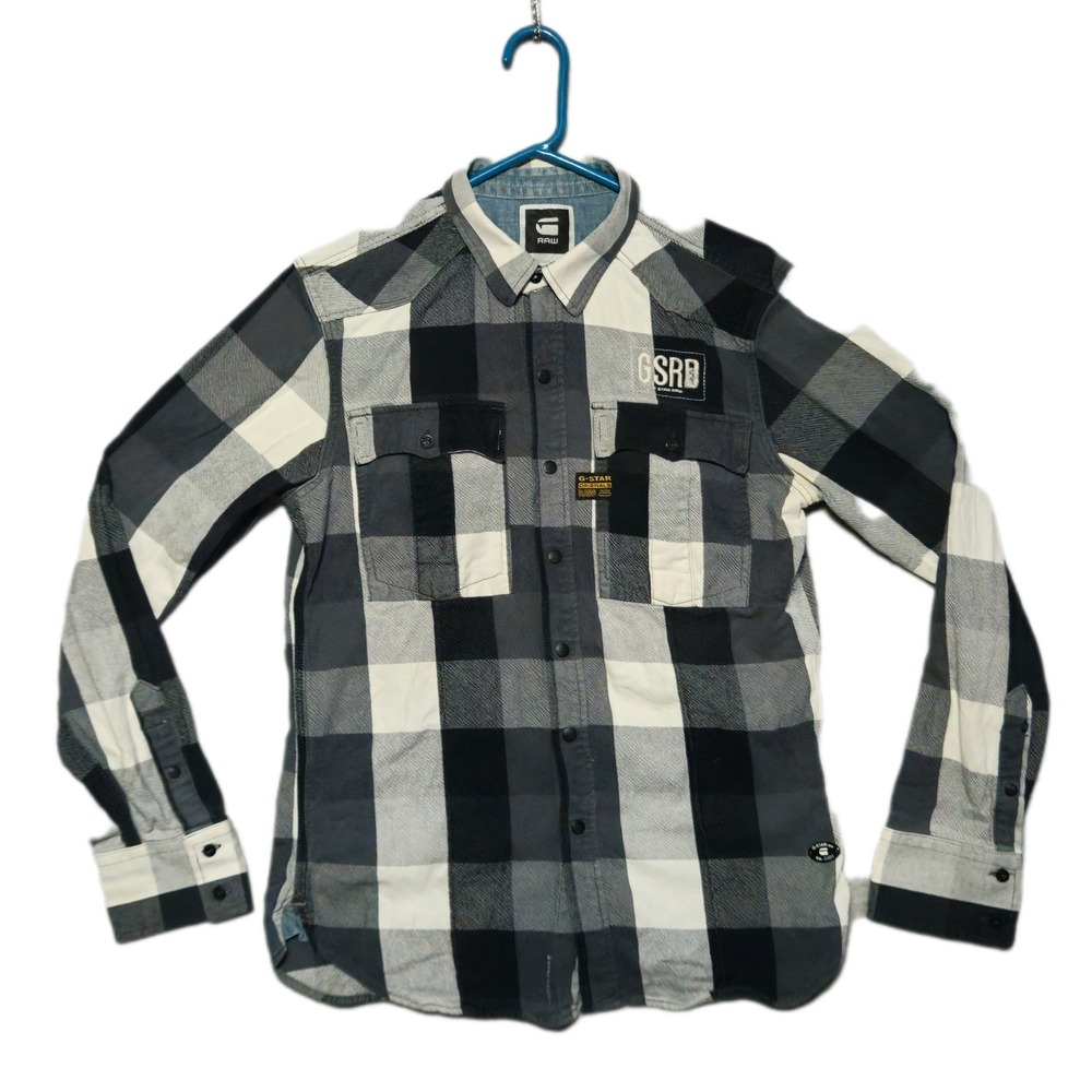 G-Star Raw Brass Yoda Shirt Mens Large Black Grey White Plaid Long Sleeve Twill